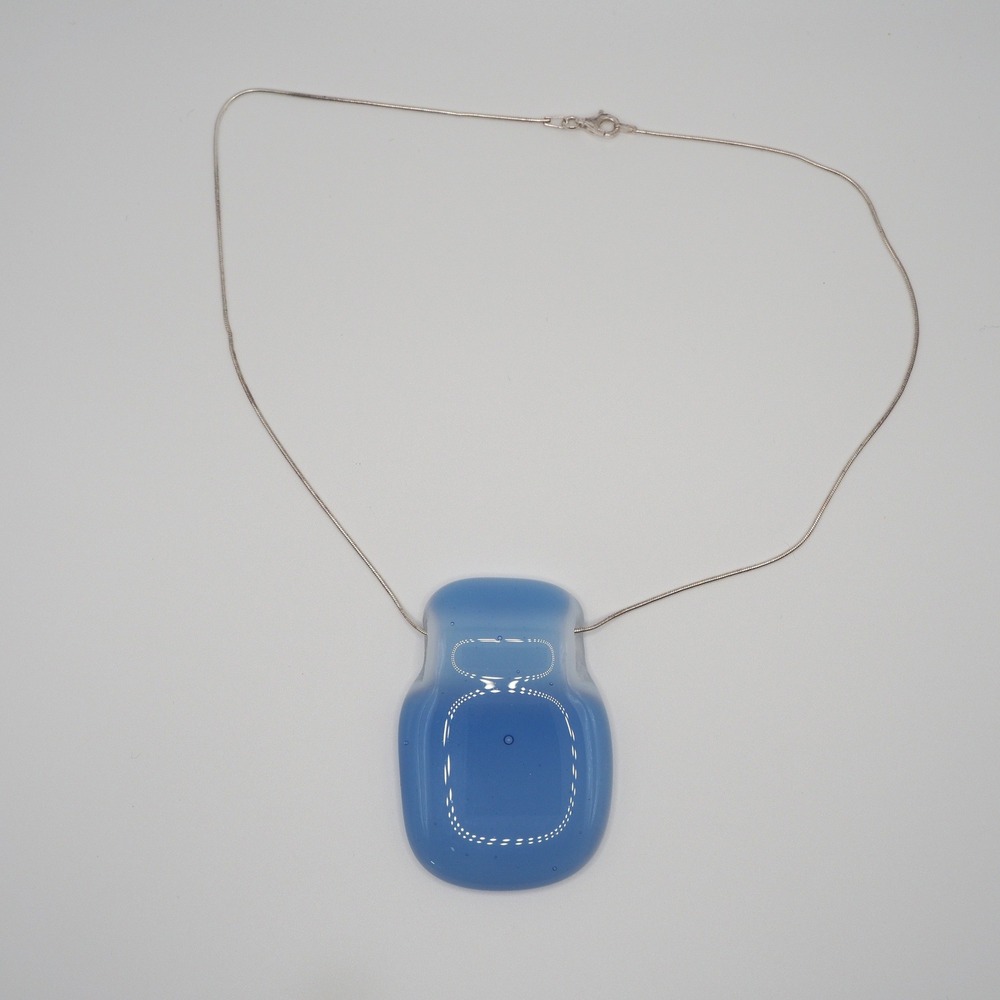 Necklace Choker Light Blue Fused Glass Two Tone Pendant Snake Chain Silver 16"